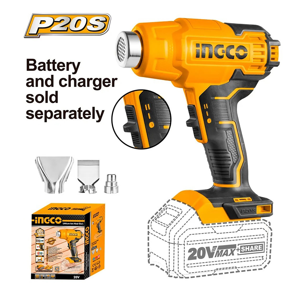 P20S/20V Lithium-Ion Cordless Heat Gun Temperature 300/550°C ING-COR