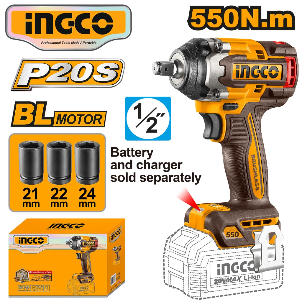 Ingco P20S/20V Cordless Lithium-ion Brushless AI Impact Wrench 1/2" 550N.m ING-CT