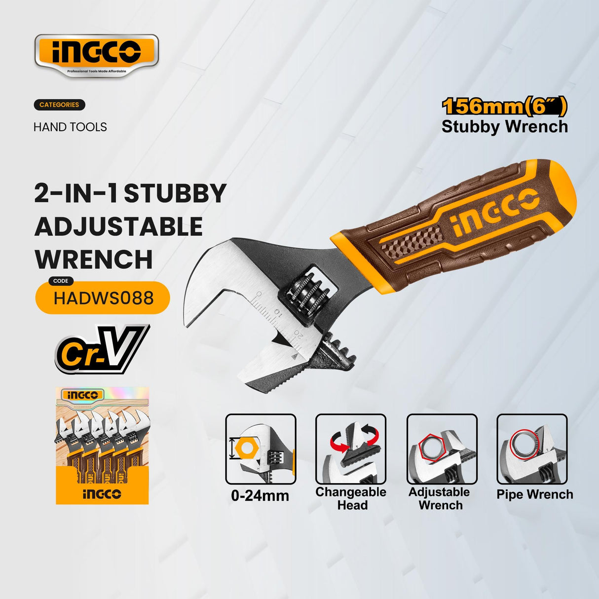 Ingco 2-In-1 Stubby Adjustable Wrench For Hand Tools HADWS088 (IHT)
