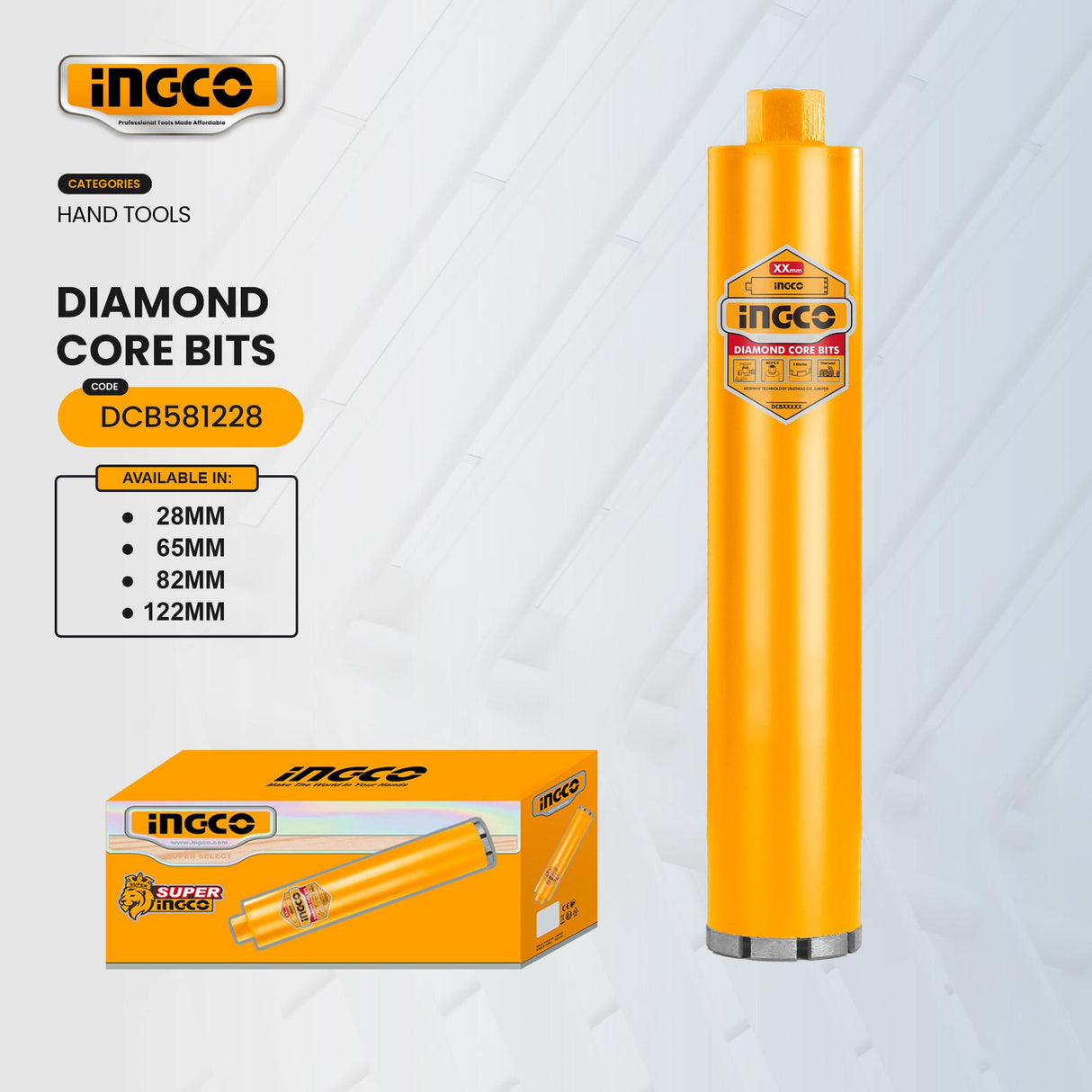 Ingco Diamond Core Bits 28mm to 65mm For Cutting Concrete With Rebar DCB580288 | DCB580658 (IHT)