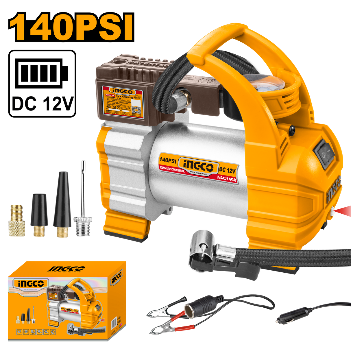 Auto Air Compressor Pump Car Tire Inflator DC 12V AAC1408 ING-PT