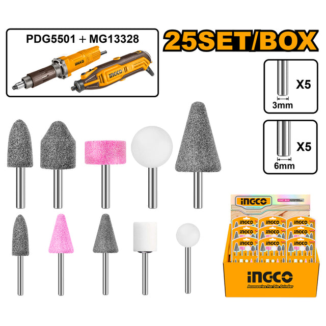 Set of 10 INGCO mounted stone accessories for mini grinder