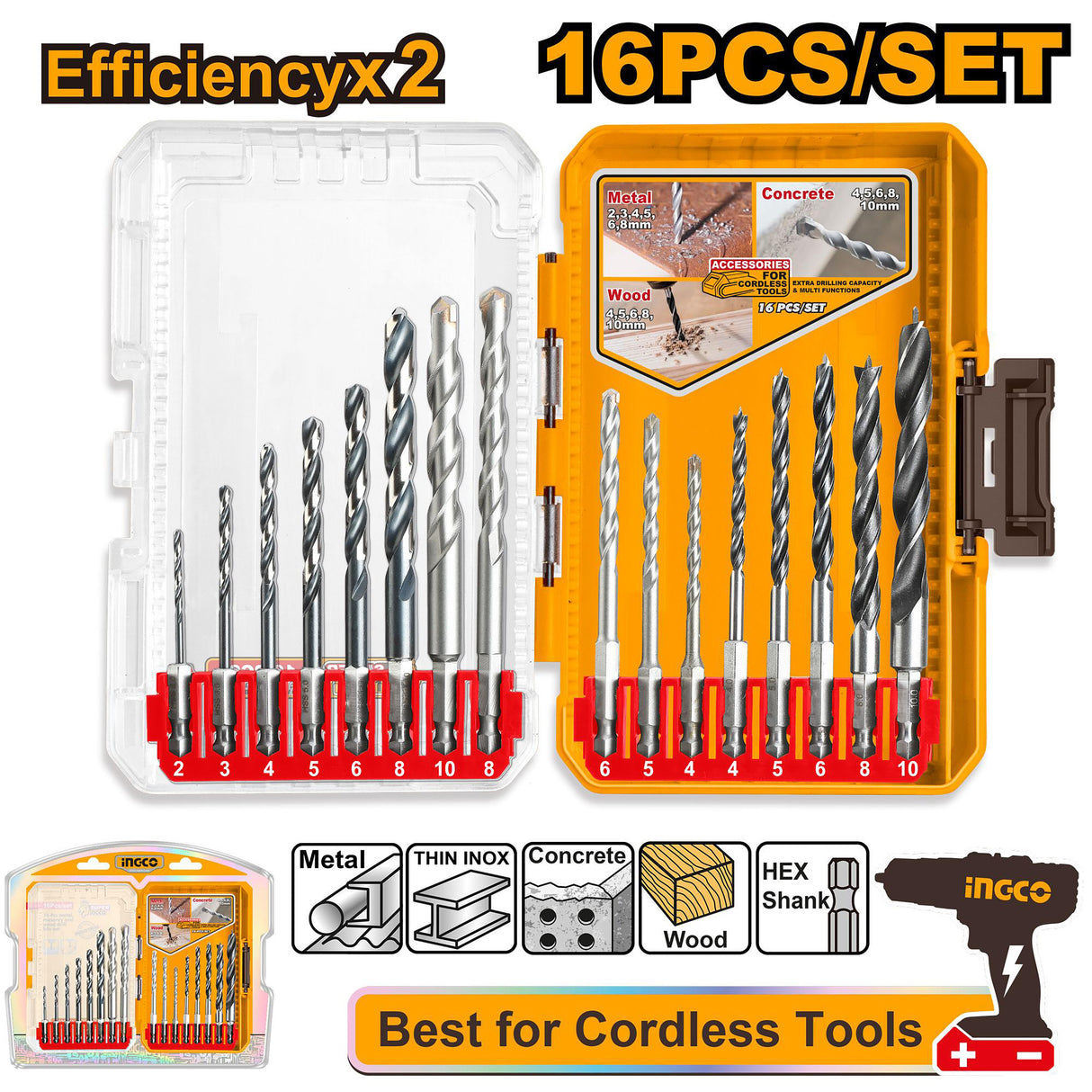 Ingco 16PCS/Set Metal, Masonry, and Wood Drill Bits Set with Hex Shank AKDL11608 ING-HT