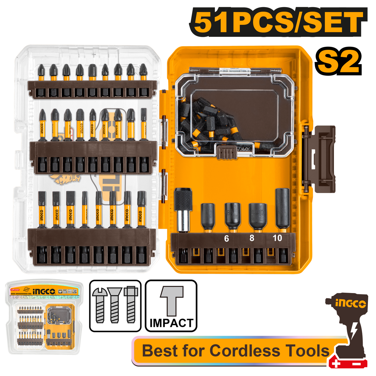 INGCO 51pcs Impact Screwdriver Bits Set