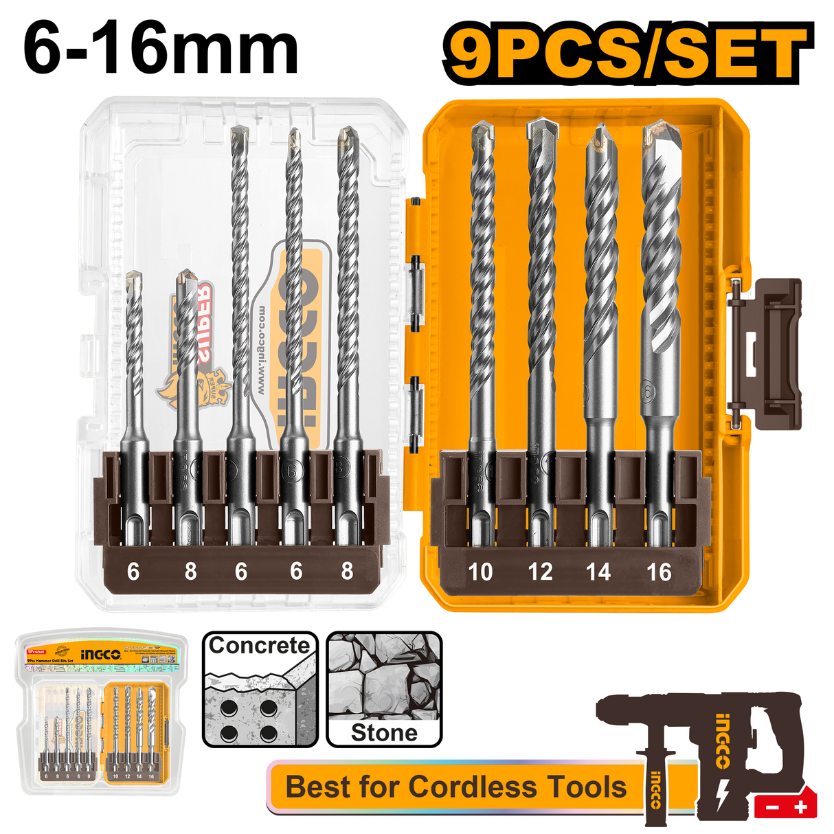INGCO 9pcs SDS Plus Hammer Drill Bit Set