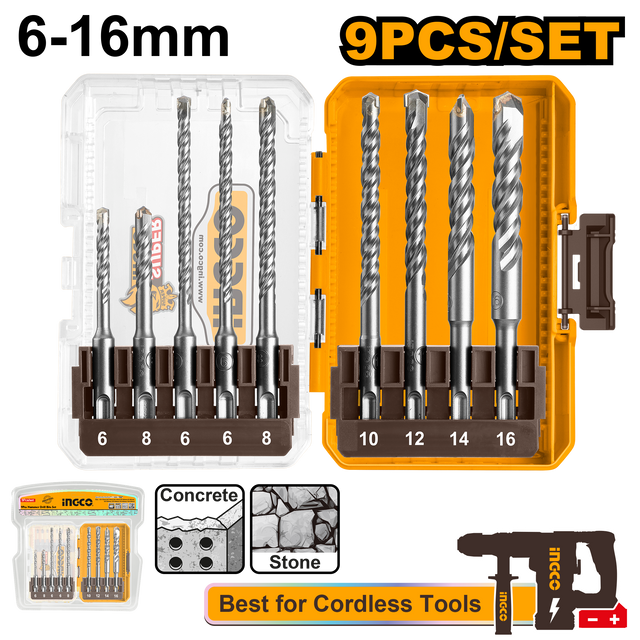 INGCO 9pcs SDS Plus Hammer Drill Bit Set