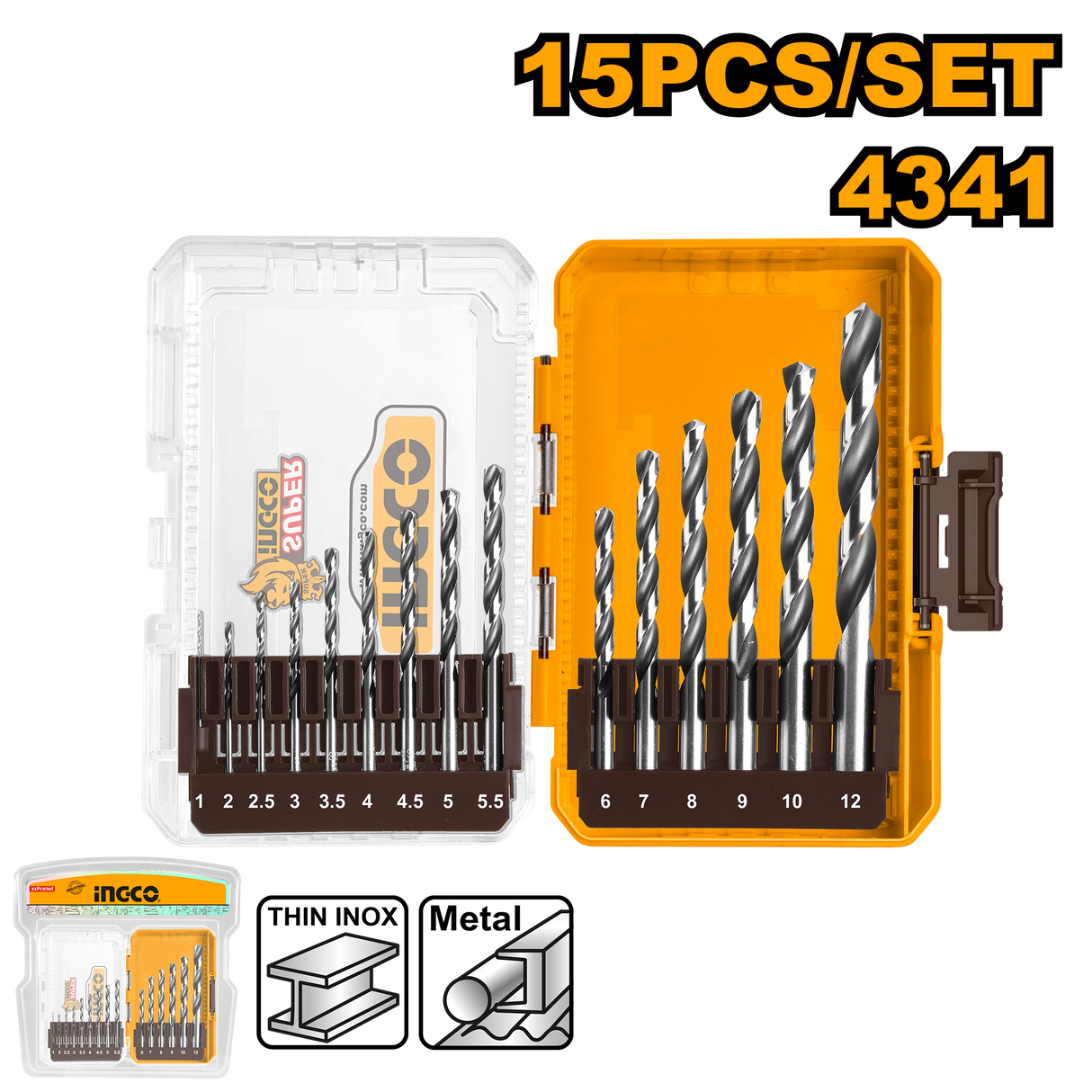 Ingco  15PCS/Set 4341 HSS Drill Bits Set for Metal AKDL51506 ING-HT