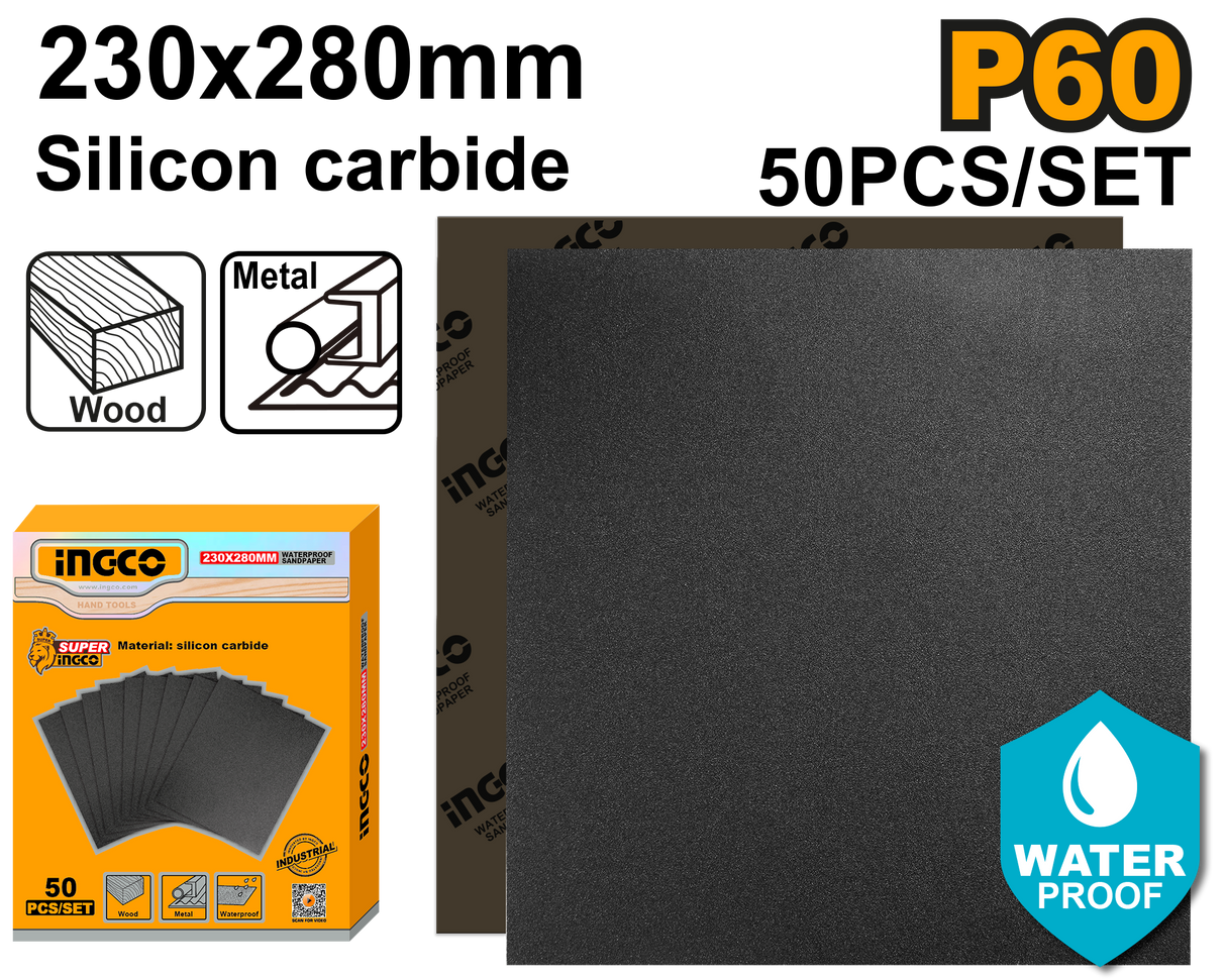 Silicon Carbide Waterproof Sandpaper Size:230x280mm Grit:P60-P2000 50pcs/Set ING-CO