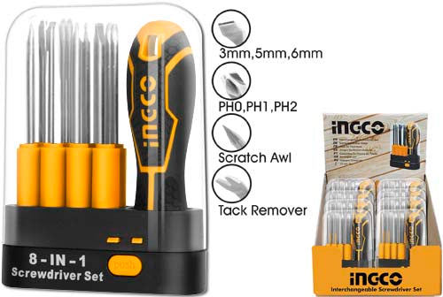 Ingco 8-in-1 universal screwdriver set, 9 pieces interchangeable