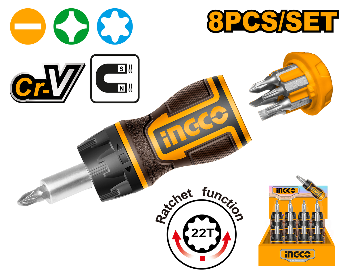 8 IN 1 Stubby Ratchet Screwdriver Set AKISDS1728 ING-AC
