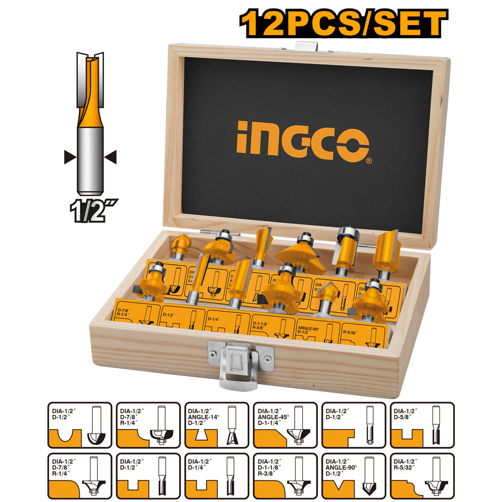 INGCO AKRT12121 12pcs router bit set 1/2 inch 12mm