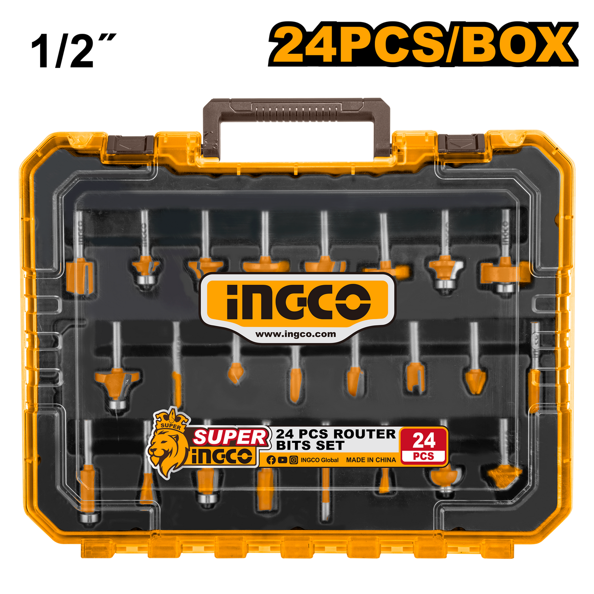 INGCO 24pcs Router Bit Set 1/2 and 1/4 Inch Shank for Wood