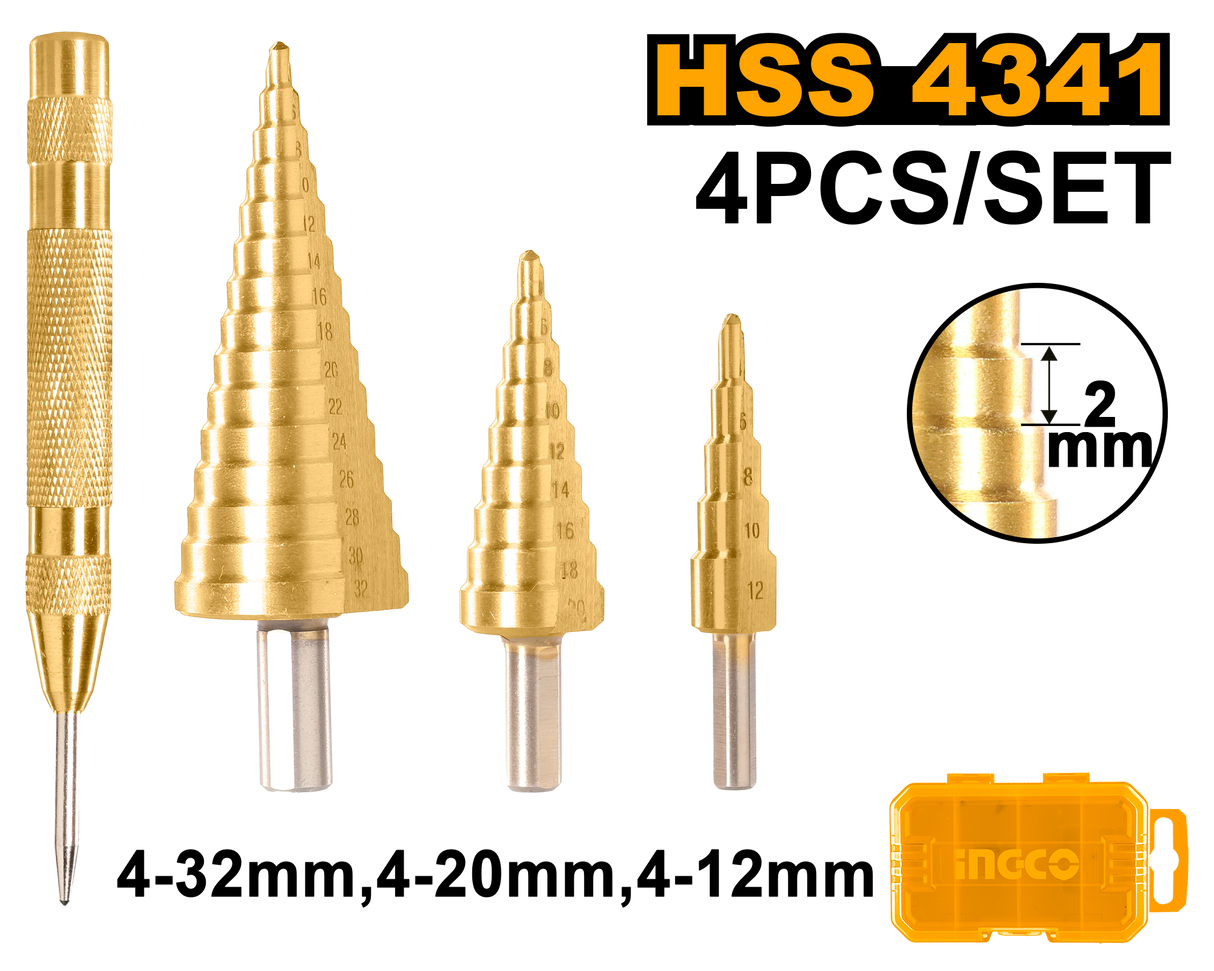 Ingco 3PCS/Set HSS 4341 Material Step Drill Bit with 1PC Automatic Center Punch AKSDS2041