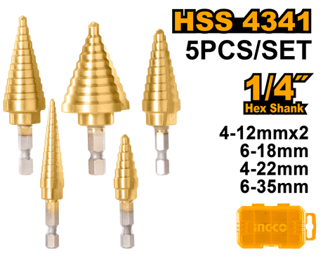 INGCO 5pcs Hex Shank Step Drill Bit Set 1/4"