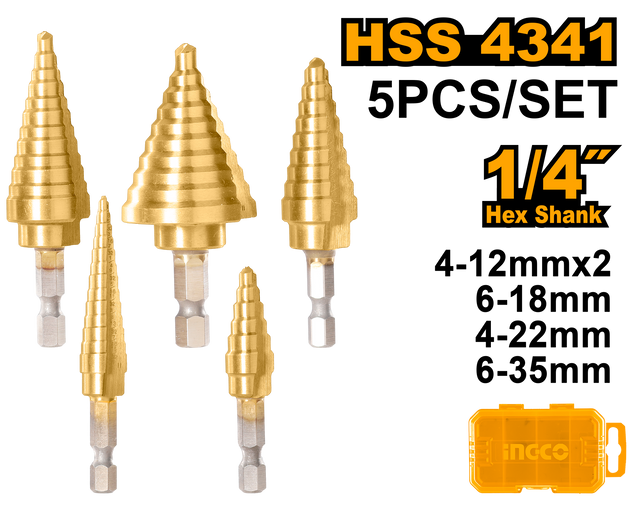 INGCO 5pcs Hex Shank Step Drill Bit Set 1/4"