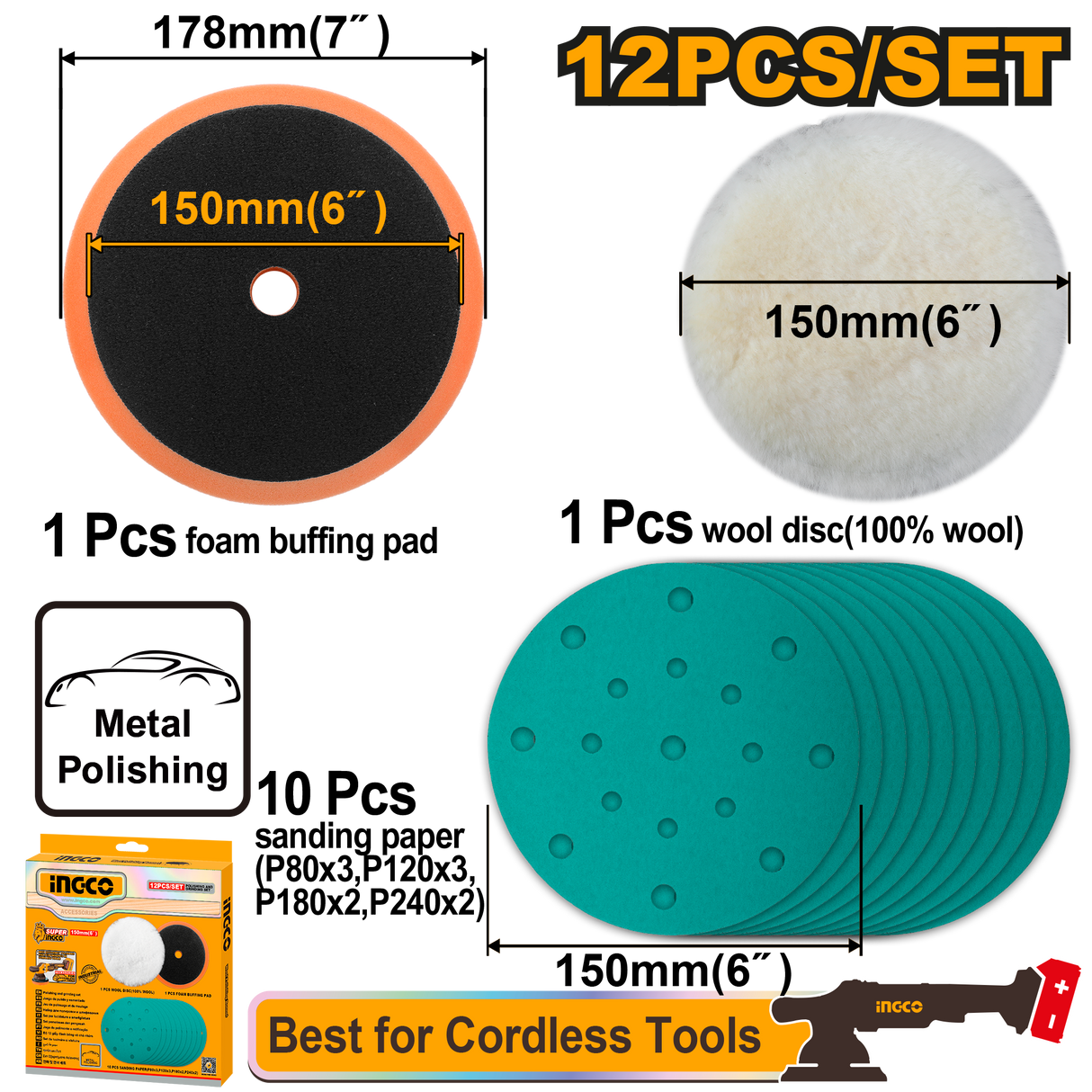 Ingco 12PCS/Set (6inches/∅150mm) Polishing and Grinding Set APG15012 ING-HT