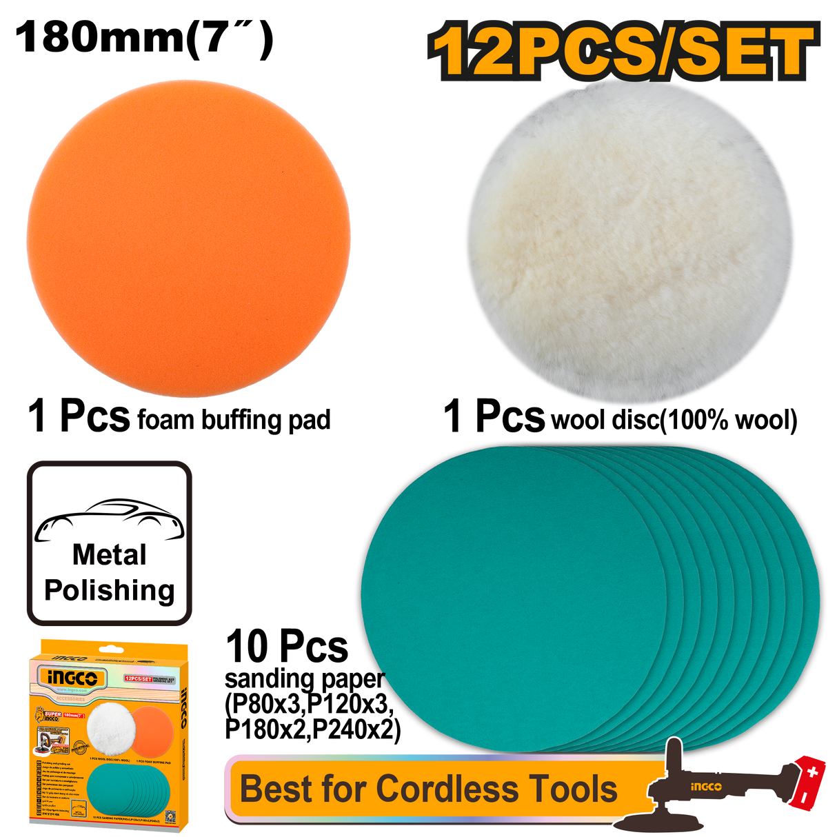 Ingco by 12PCS/Set (7inches/180mm) Polishing and Grinding Set APG18012 ING-HT