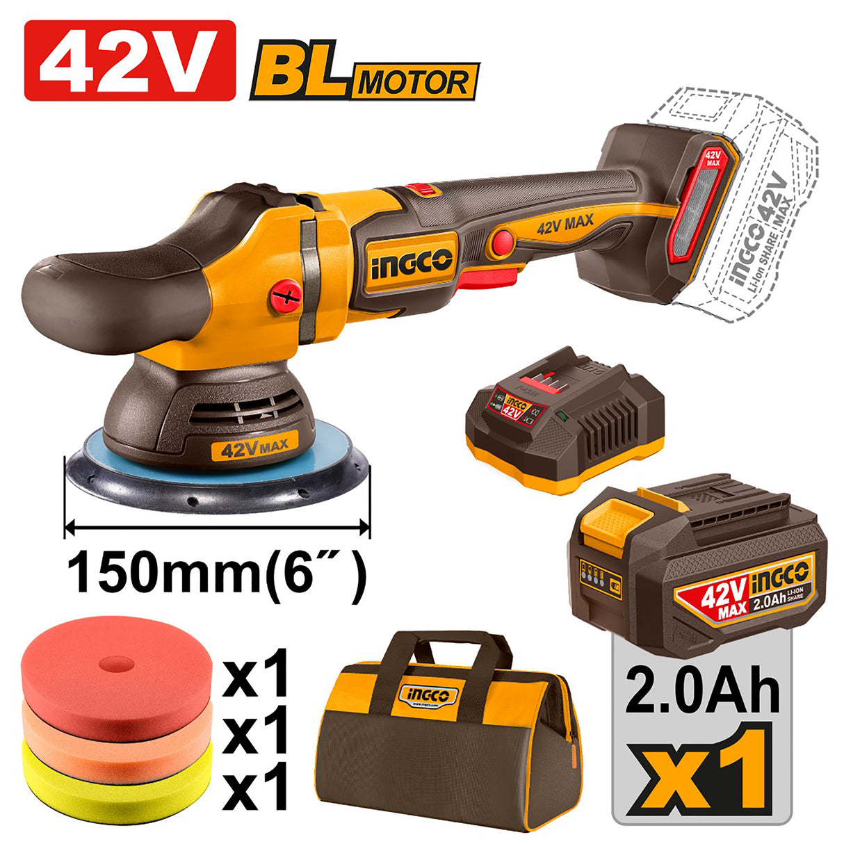 Ingco 42V Lithium-Ion Brushless 6inches(150mm) Cordless Polisher APLI42151 ING-CT