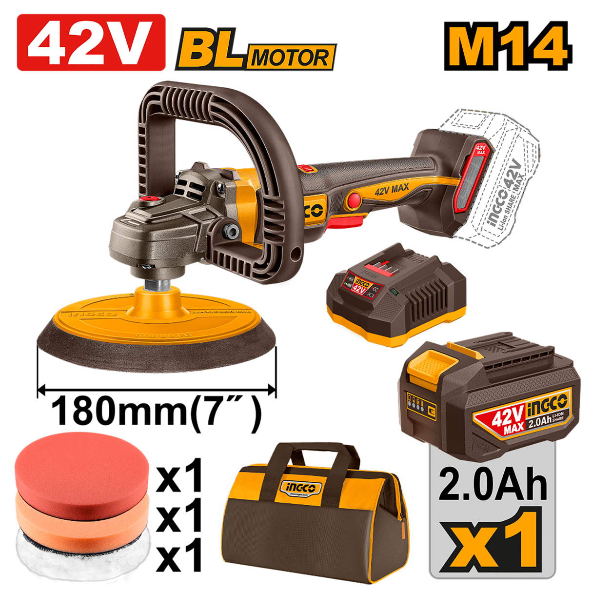 Ingco 42V/M14 Brushless Motor Lithium-Ion Cordless Polisher APLI42181 ING-CT