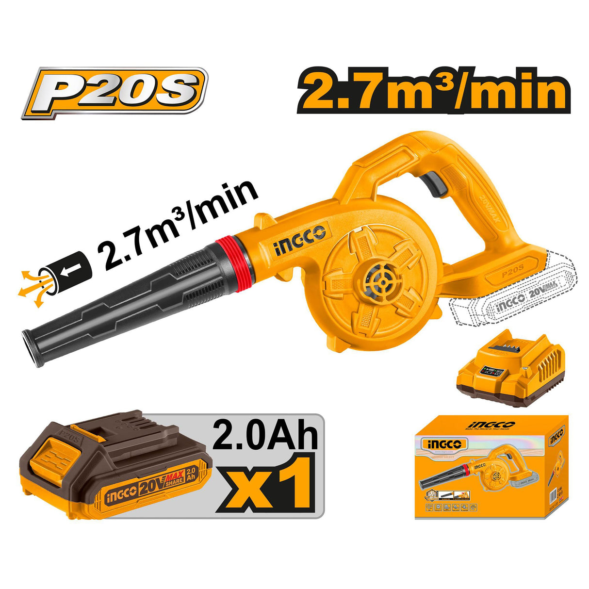 Lithium-Ion Cordless Blower 20V No-load speed: 18000rpm CABLI20028/CABLI200281 ING-COR