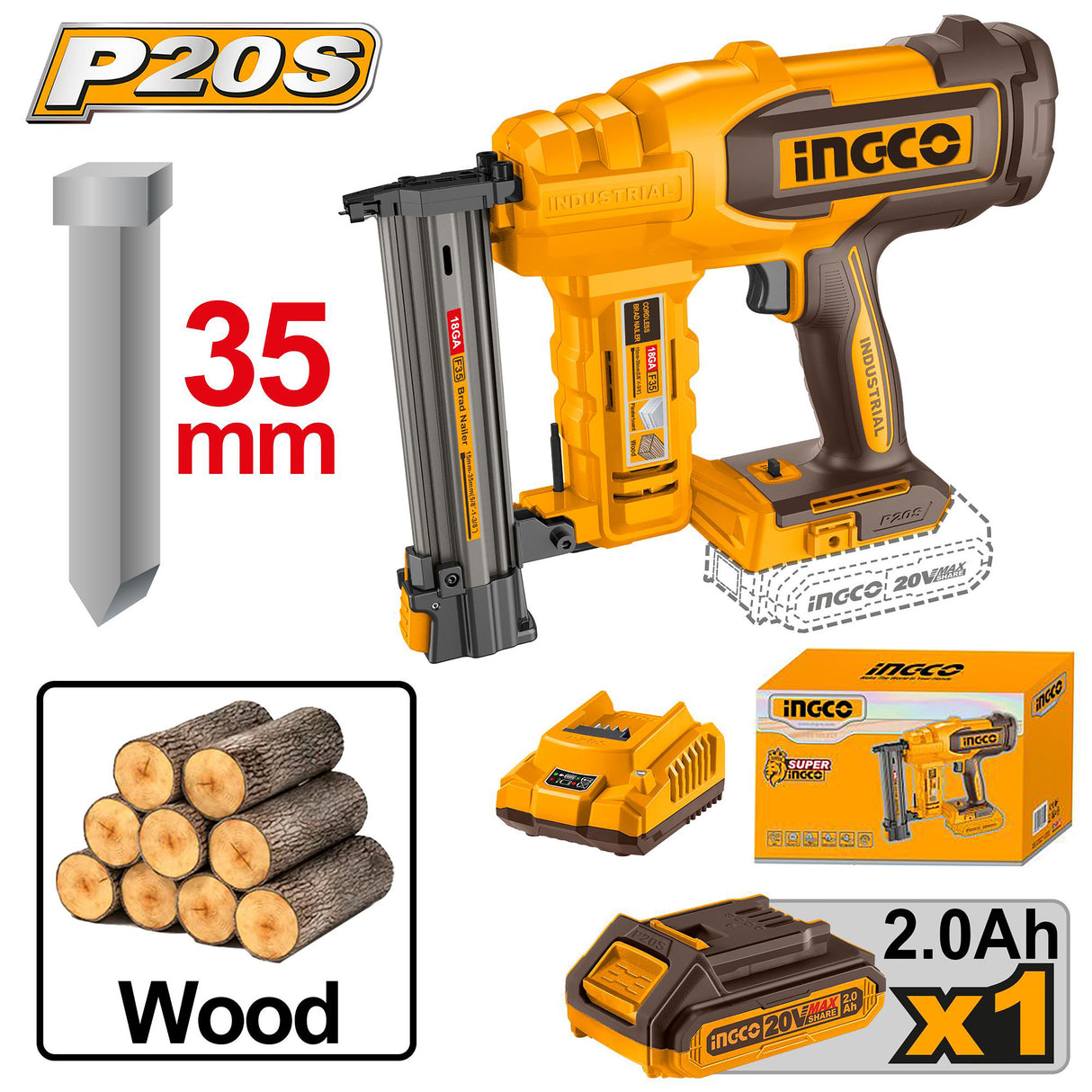 Ingco P20S/20V 2PCS Combo Kit Lithium-Ion Cordless Brad Nailer Kit with Line Laser ING-CT