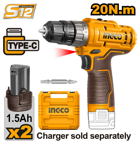 INGCO Lithium-Ion Cordless Drill 12V with USB-C CDLI12202
