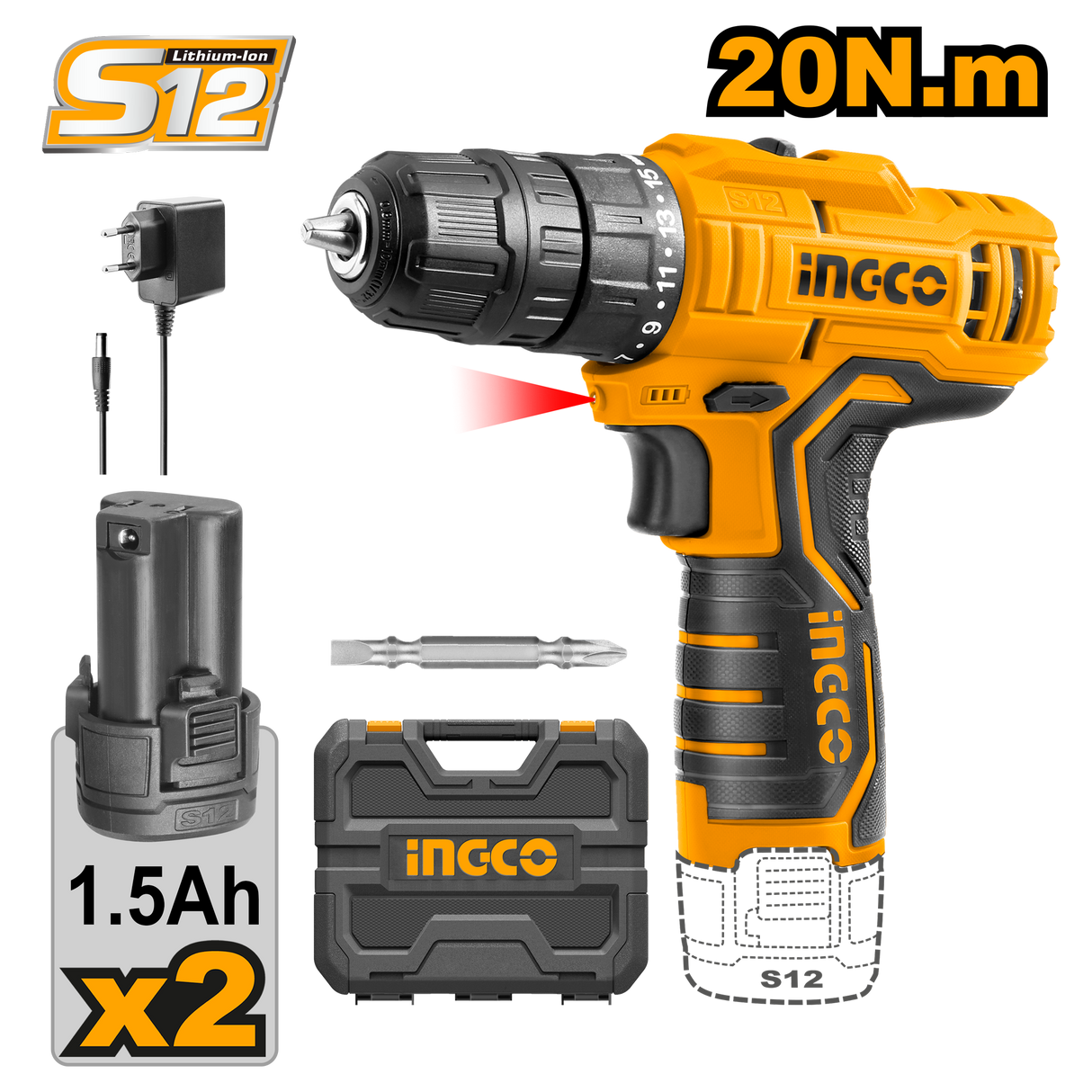 Lithium-Ion Cordless Drill 12V with 2 Batteries CDLI12325 / CDLI12208 / CDLI12328 ING-COR