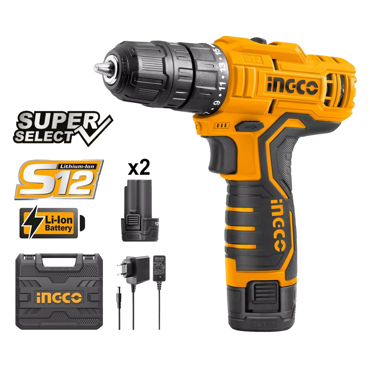 Lithium-Ion Cordless Drill 12V with 2 Batteries CDLI12325 / CDLI12208 / CDLI12328 ING-COR