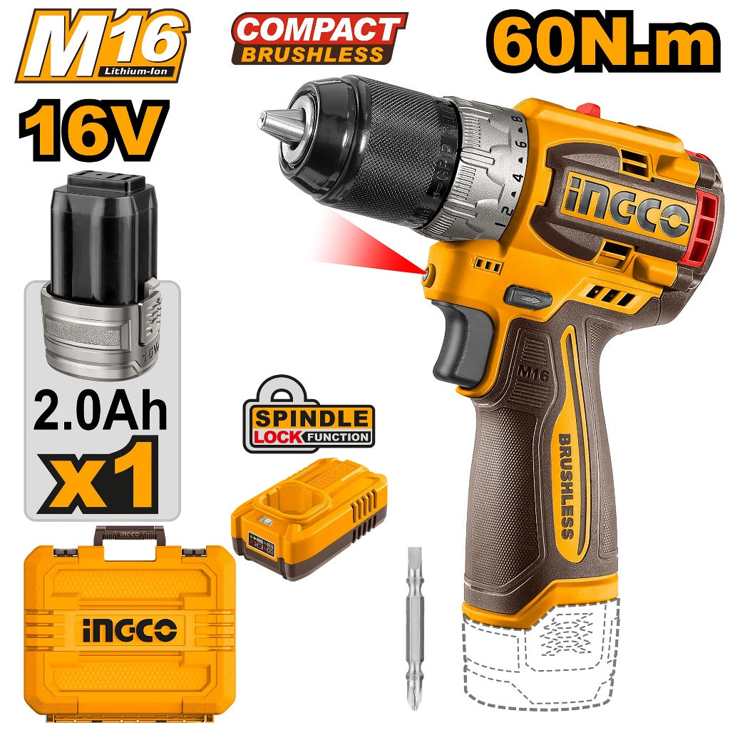 Brushless Motor Compact Cordless Drill 16V CDLI16682 ING-COR