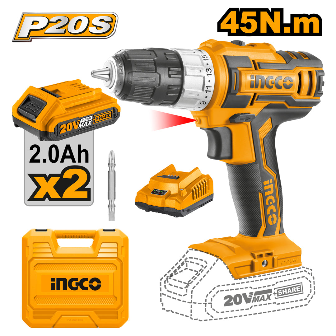 INGCO Lithium-Ion Cordless Drill 20V Powershare CDLI200215