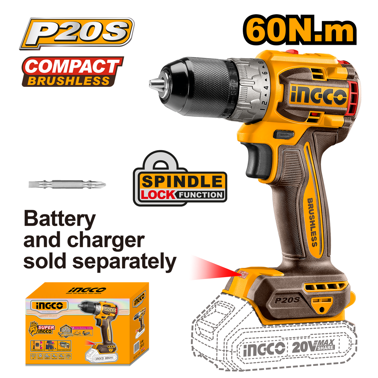Lithium-Ion Compact Brushless Cordless Drill 20V w/ 65mm bit CDLI206021 P20S ING-COR