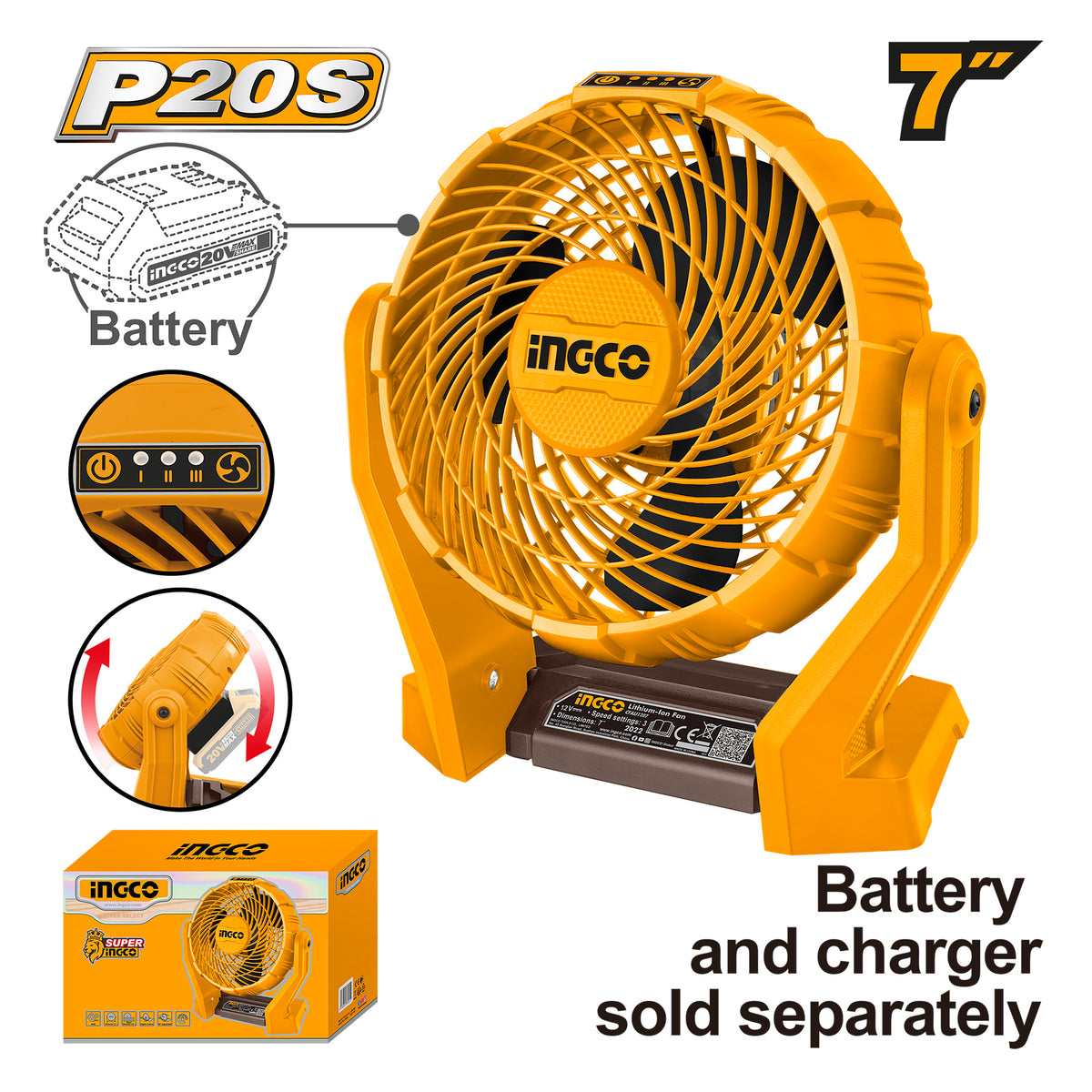 Ingco 7inches/3-Speed Cordless Lithium-Ion Fan/Electric Fan 20V CFALI2007 P20S ING-CT