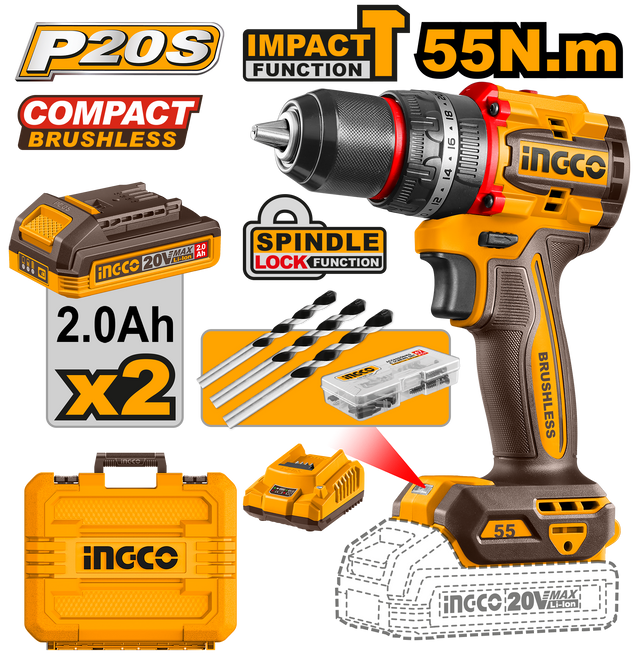 INGCO P20S 20V lithium-ion compact brushless cordless impact drill