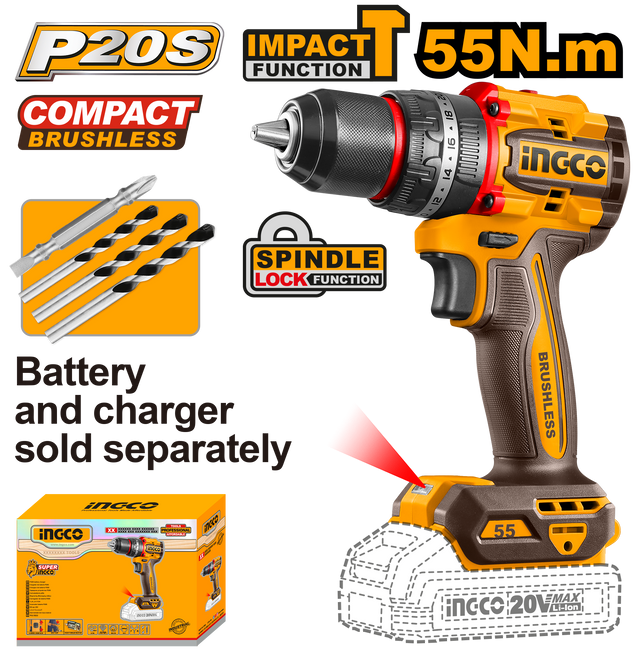 INGCO P20S 20V Brushless Cordless Impact Drill Lithium-Ion