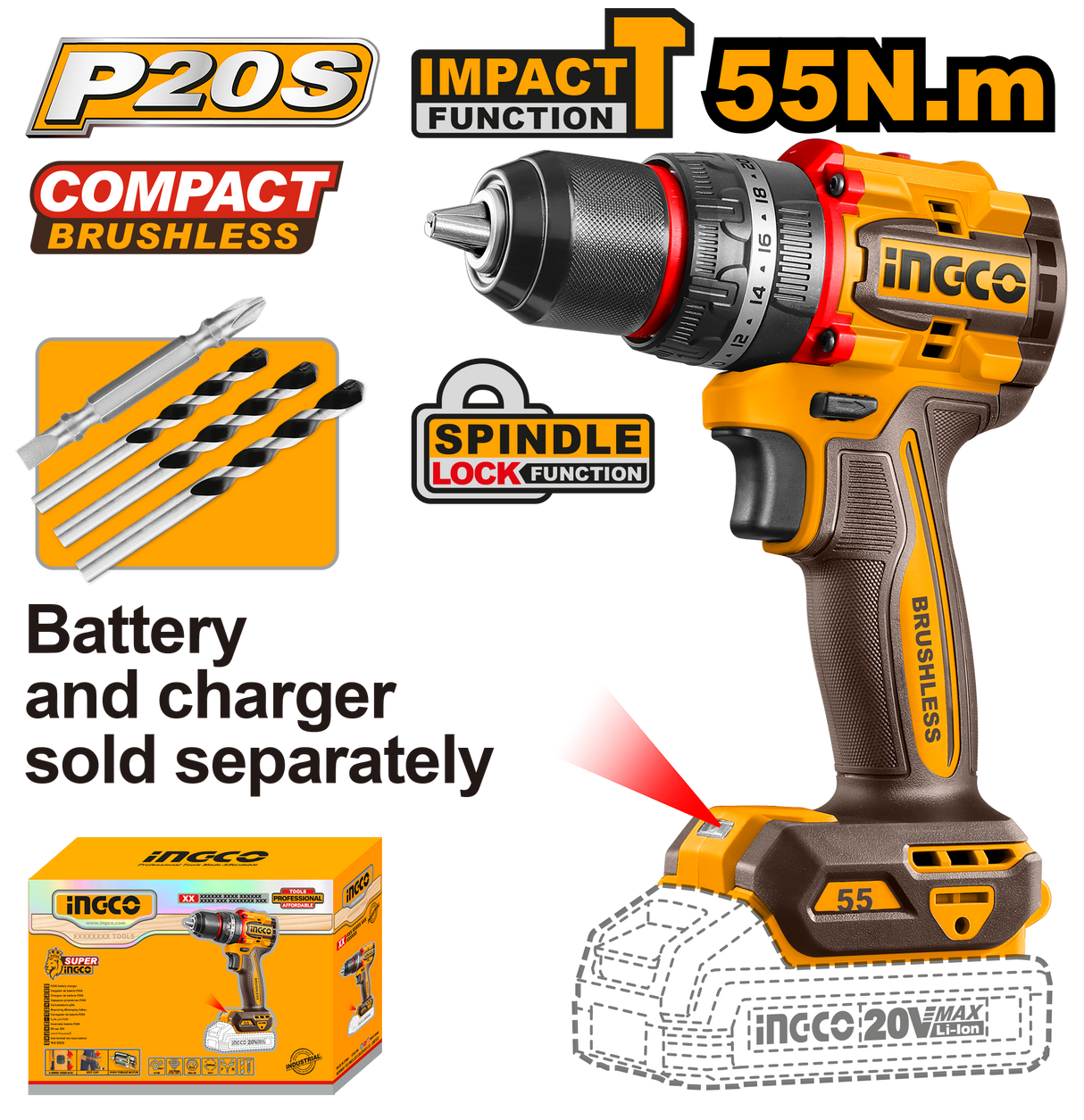 INGCO P20S 20V Brushless Cordless Impact Drill Lithium-Ion