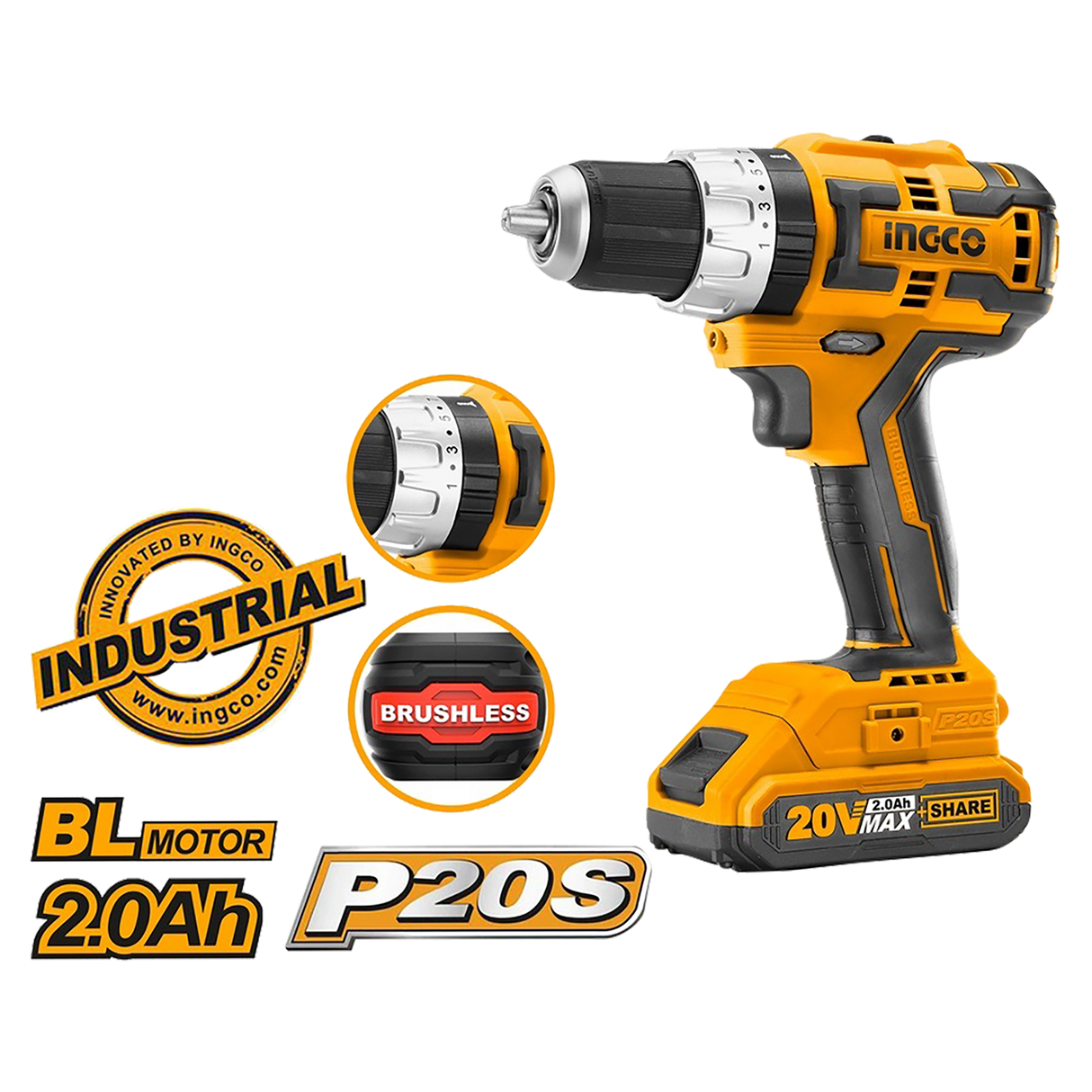 Ingco P20 20V Lithium-Ion Cordless Brushless Impact Drill CIDLI20608 ING-COR