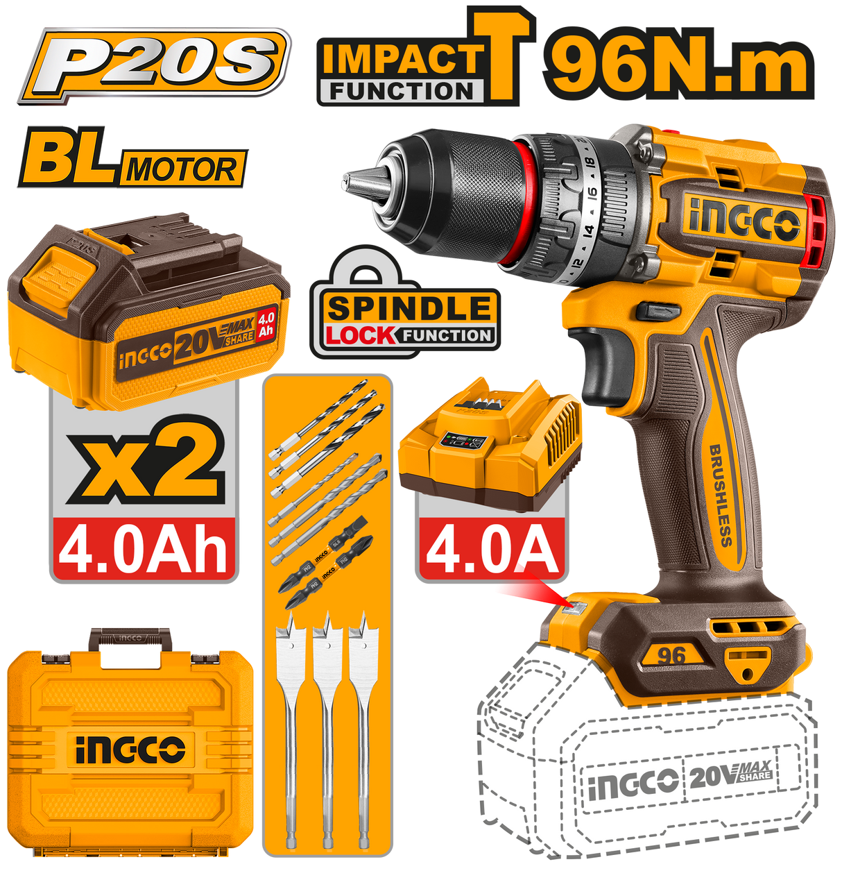 P20S/20V Lithium-Ion 96NM Cordless Brushless Motor Impact Drill CIDLI20968/CIDLI209681 ING-CT