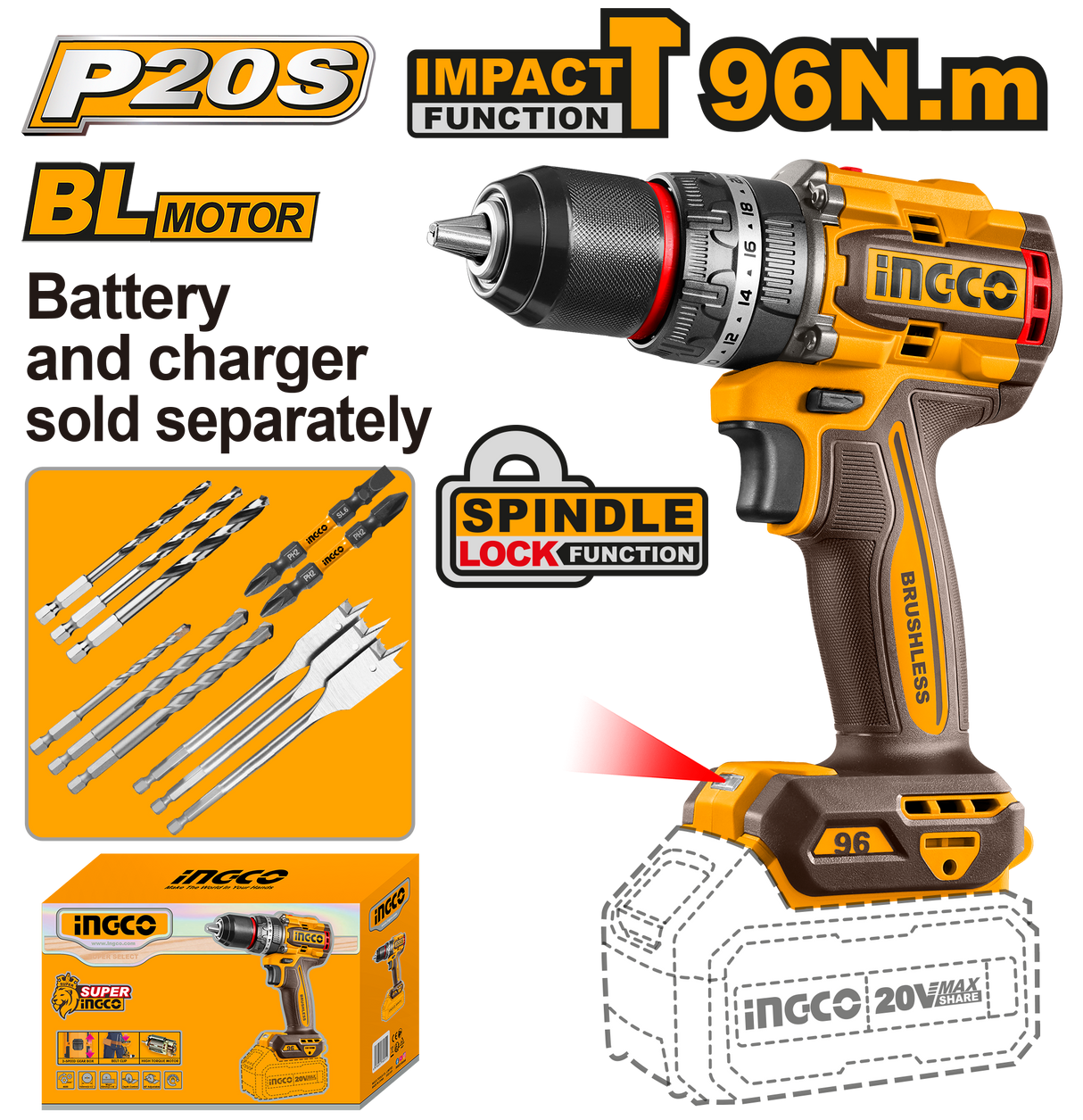 P20S/20V Lithium-Ion Cordless Impact Drill 96NM CIDLI209681 ING-COR