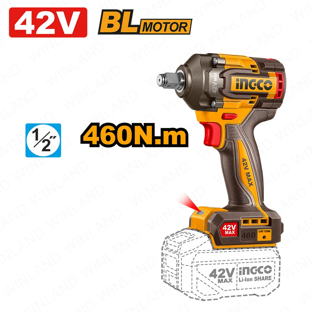 Ingco  42V/460NM(1/2inches) Brushless Motor Lithium-Ion Cordless Impact Wrench CIWLI42461