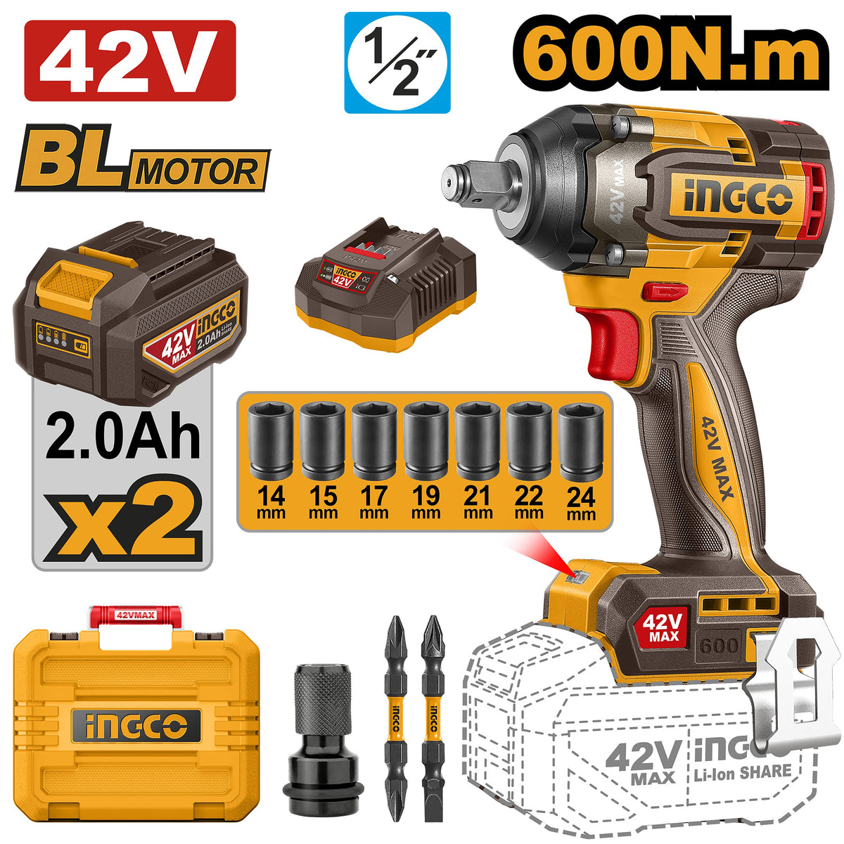 Ingco 42V/600NM(1/2inches) Brushless Motor Lithium-Ion Cordless