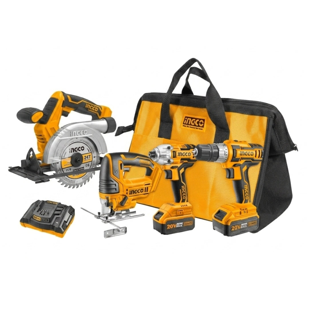 INGCO Lithium-Ion Cordless 4pcs Combo Kit Cordless Circular Saw Cordless Drill Cordless Impact Driver Cordless Jigsaw CKLI2010