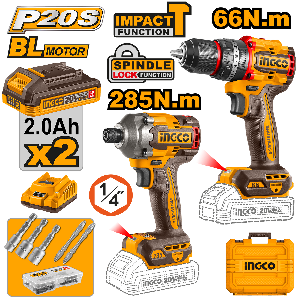 INGCO P20S 20V 2-piece compact brushless impact drill combo kit