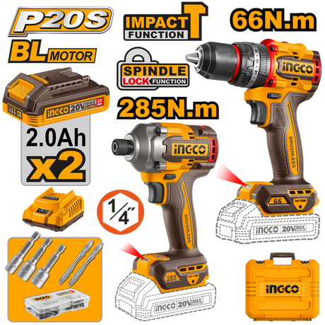INGCO P20S 20V 2-piece compact brushless impact drill combo kit