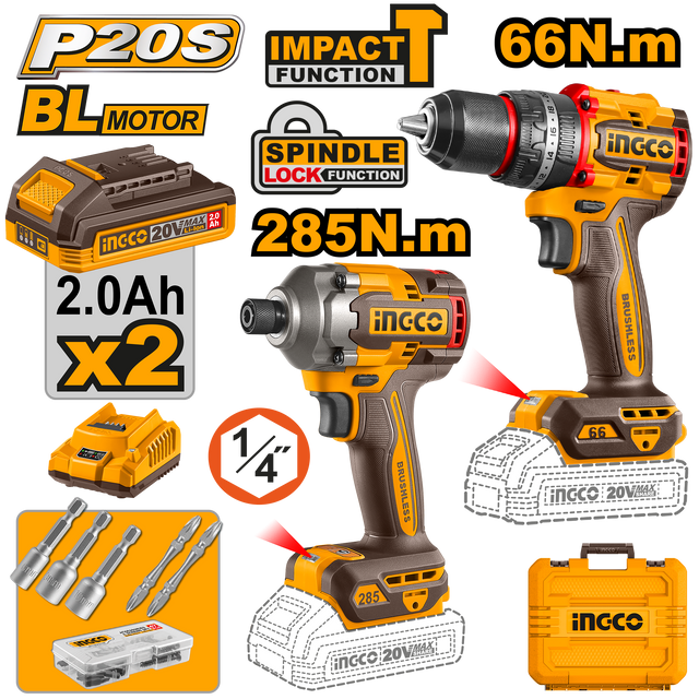 INGCO P20S 20V 2-piece compact brushless impact drill combo kit