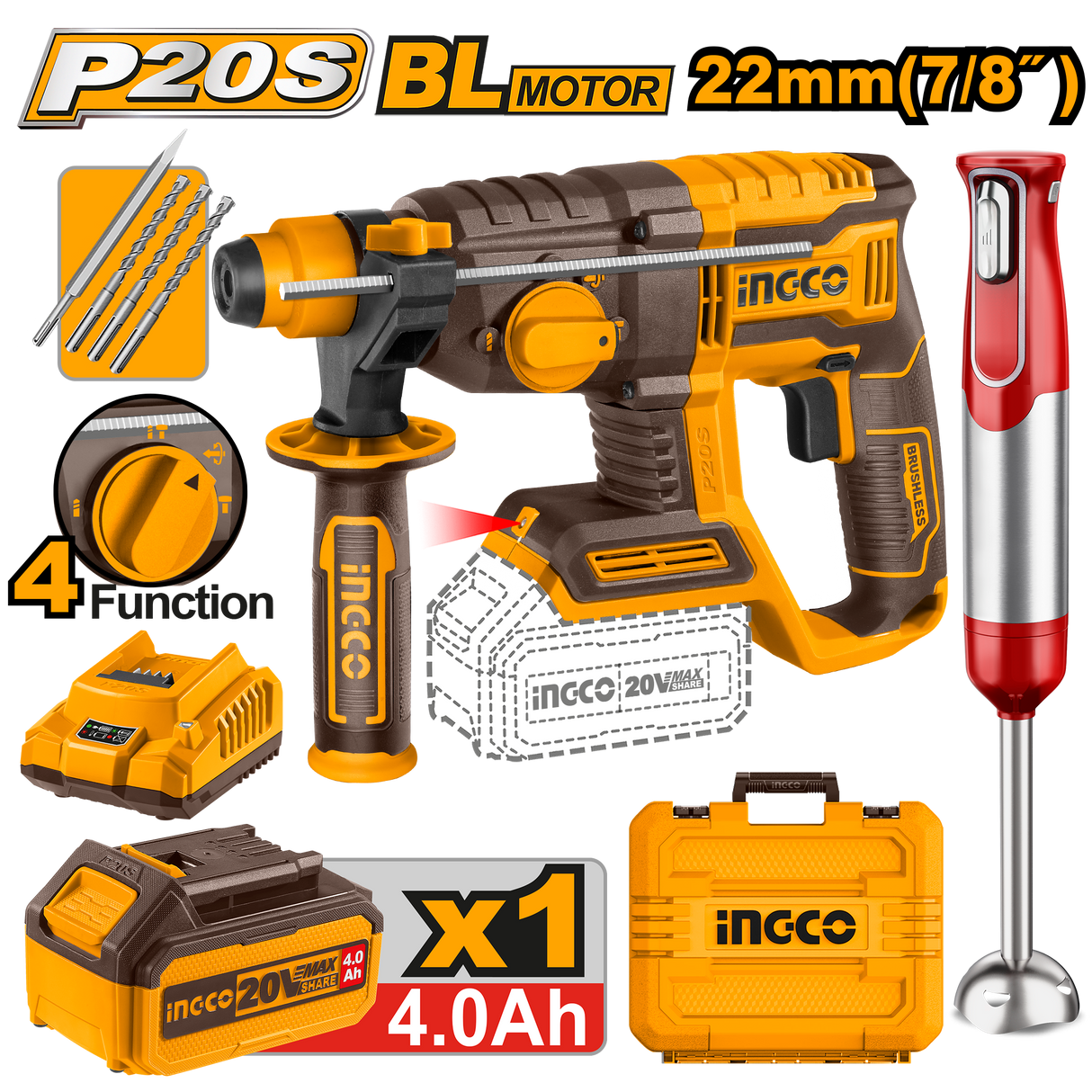 INGCO P20S 20V 2-piece cordless rotary hammer combo kit