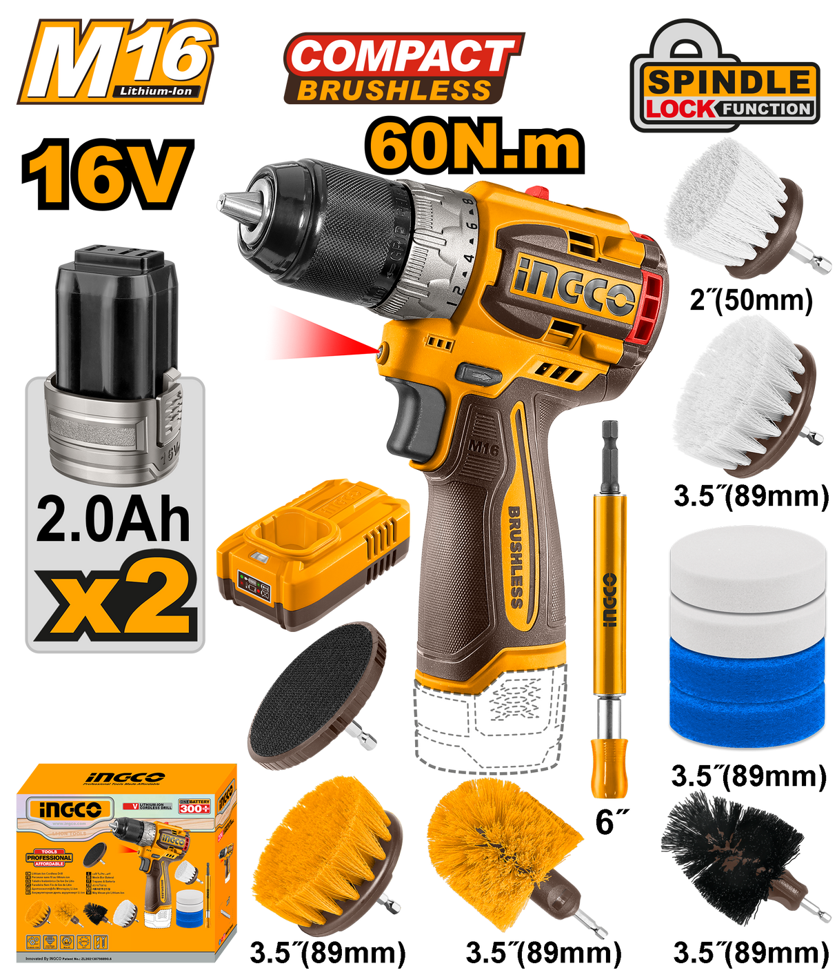 INGCO 16V M16 cordless drill with 11-piece cleaning brush set