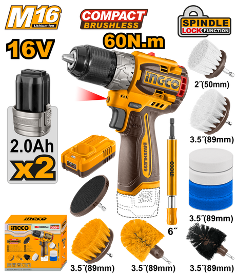 INGCO 16V M16 cordless drill with 11-piece cleaning brush set