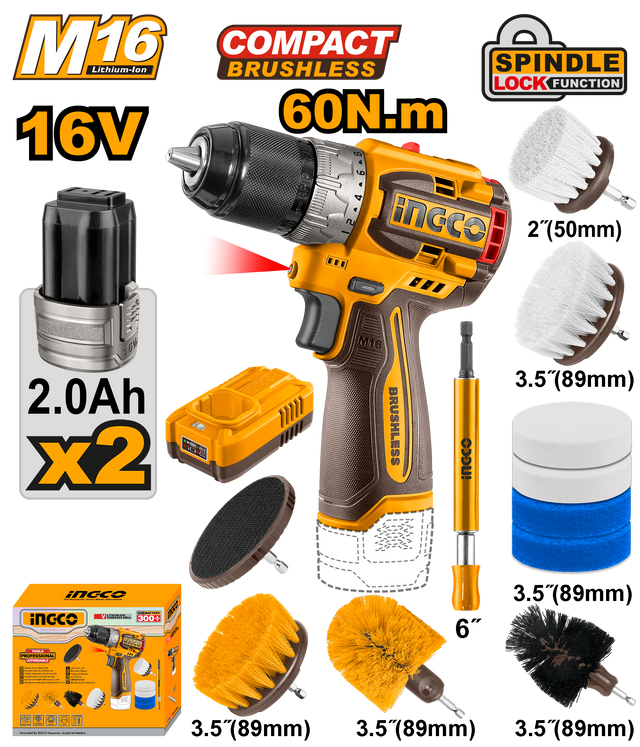 INGCO 16V M16 cordless drill with 11-piece cleaning brush set