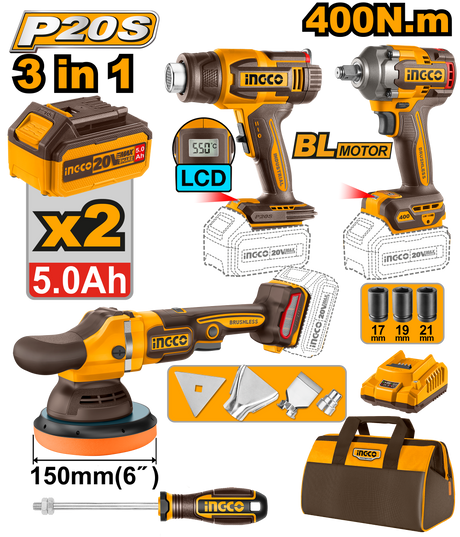 INGCO P20S 20V 3-piece cordless impact wrench combo kit