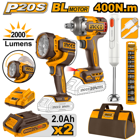INGCO P20S 20V 4-piece cordless impact wrench combo kit